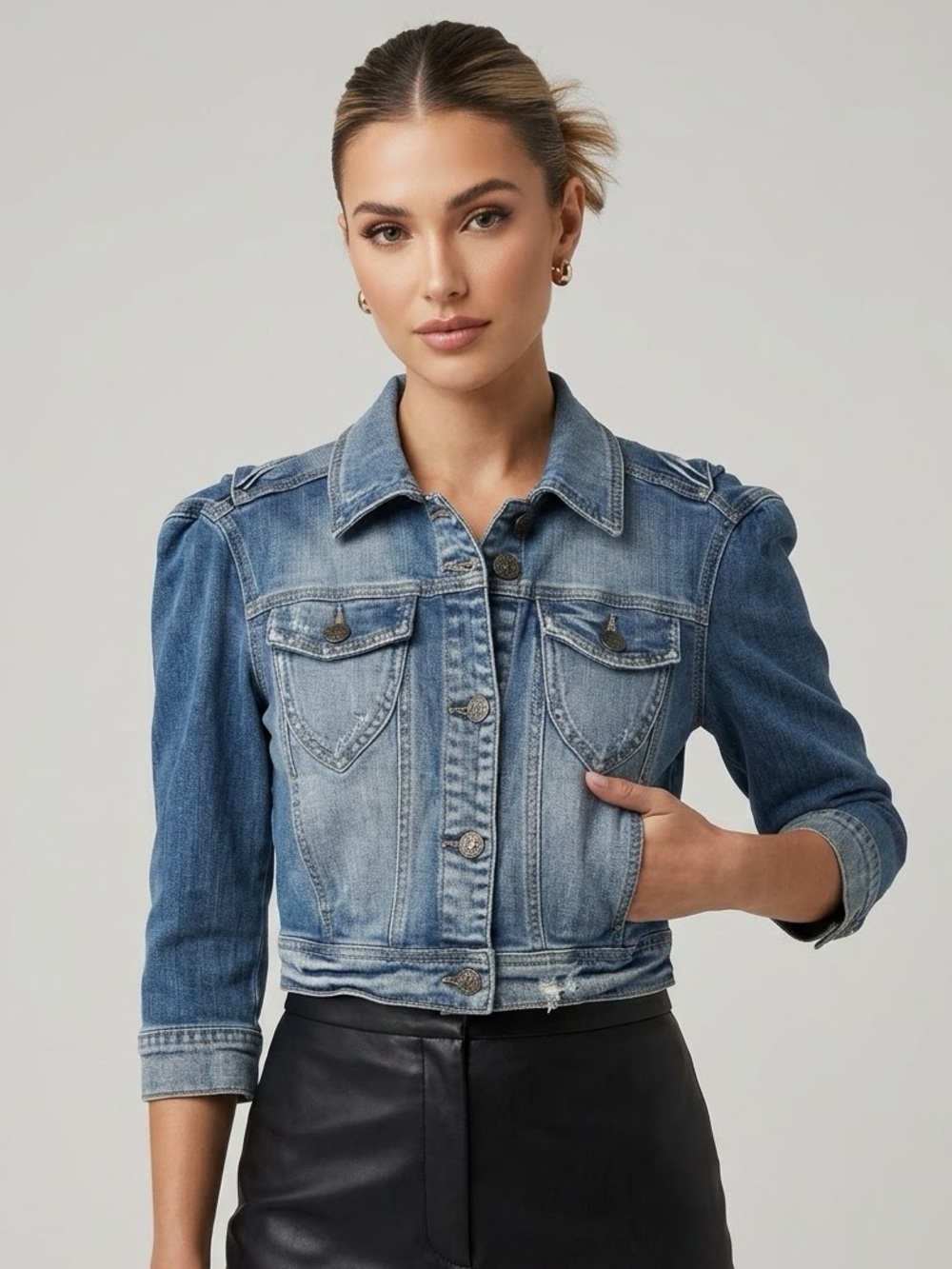 Massimo Dutti Cropped Denim Jacket Size XS Medium Wash Puff Sleeve Distressed